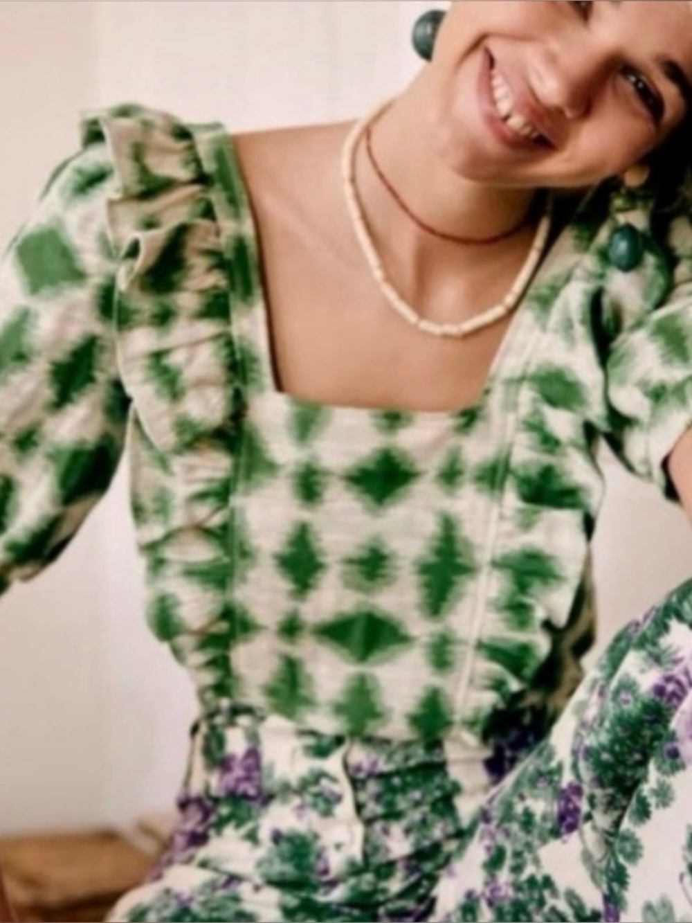 Sézane Sezane Jorden Blouse Top Green / Ecru Size 38/US 6